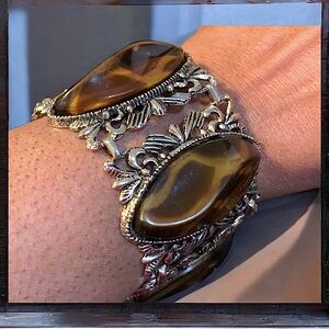 60's wide aticulated cuff tiger striped lucite and Goldtone Panel Bracelet